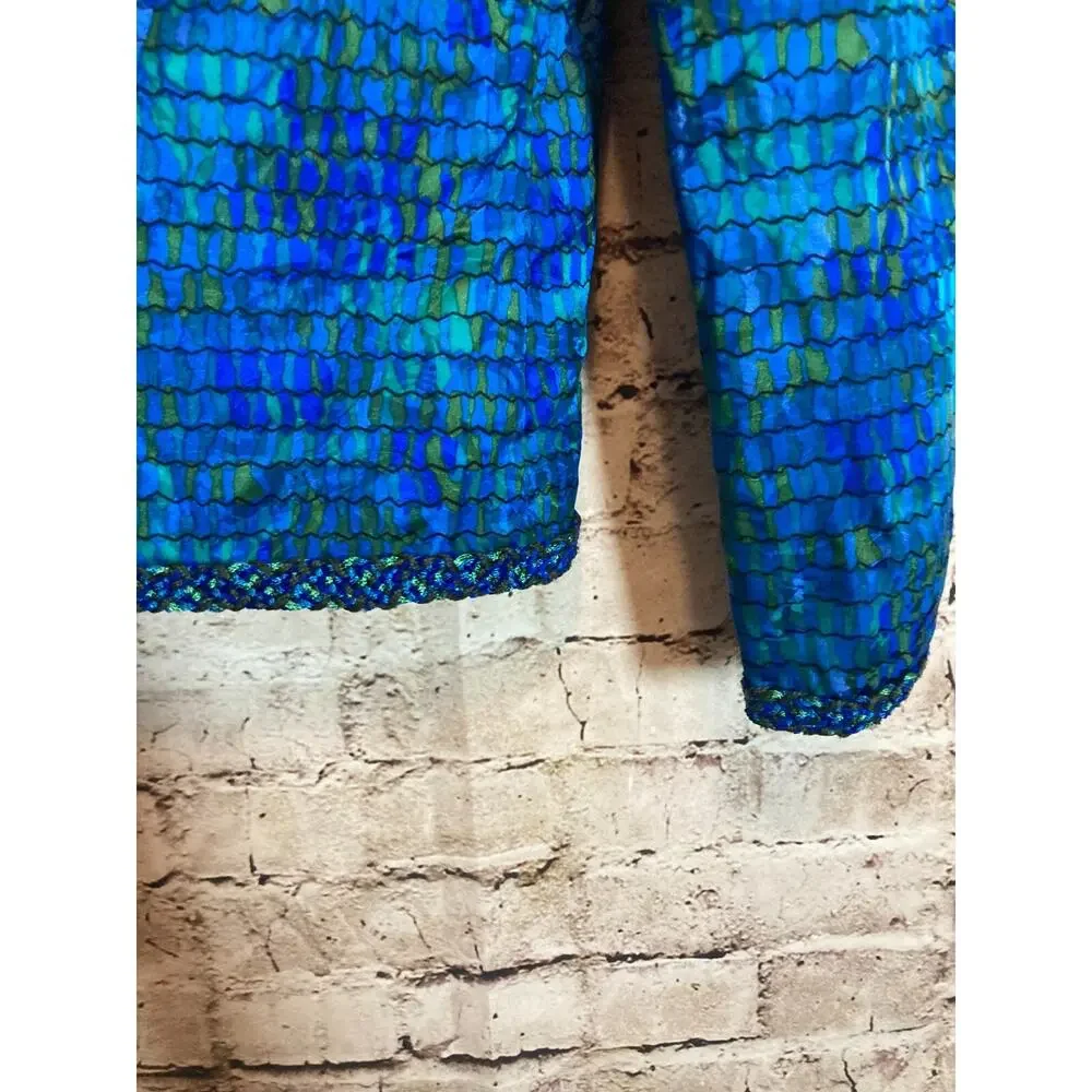 Vintage Encore Silk Jacket Womens 14 Turquoise‎ Watercolor Embroidery Trim